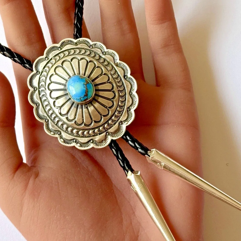 Navajo Golden‎ Hills Blue Turquoise Bolo Tie Sterling Signed TF Native American